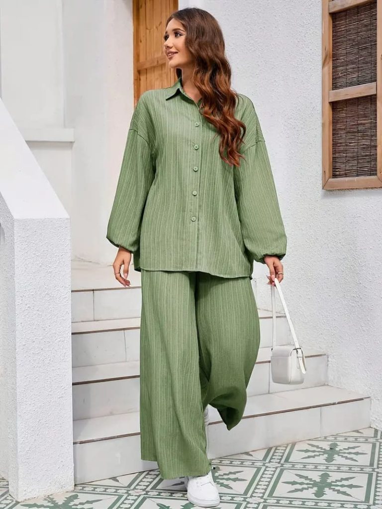 ست گشاد شلوار و پیراهن سبز زنانه