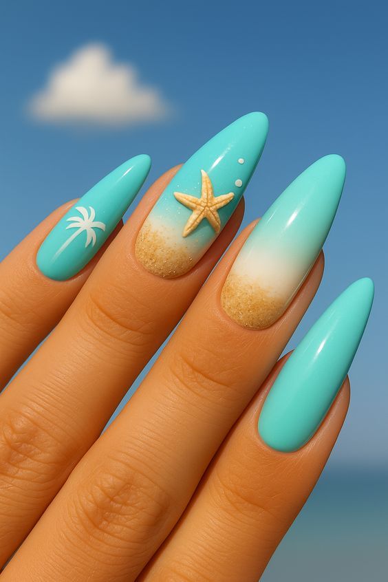 دیزاین ناخن ابی فیروزه ای با طرح ستاره دریایی
