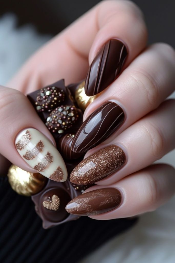 دیزاین ناخن قهوه‌ای اکلیلی