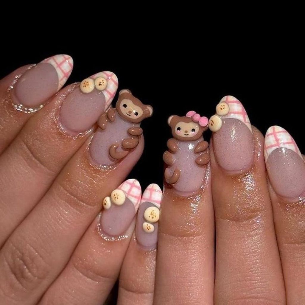 طراحی ناخن برجسته با طرح حیوان تنبل قهوه ای