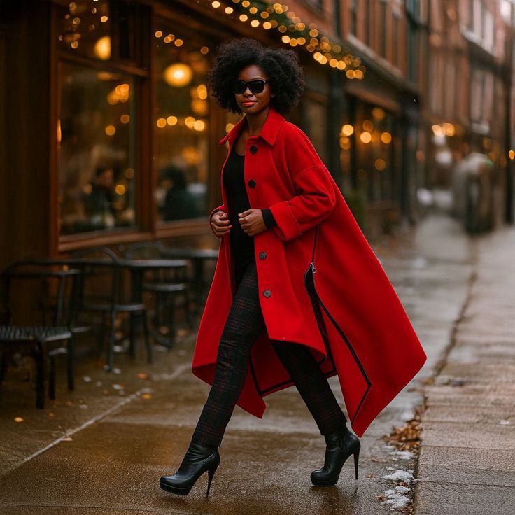 زن با کت قرمز و شلوار سیاه