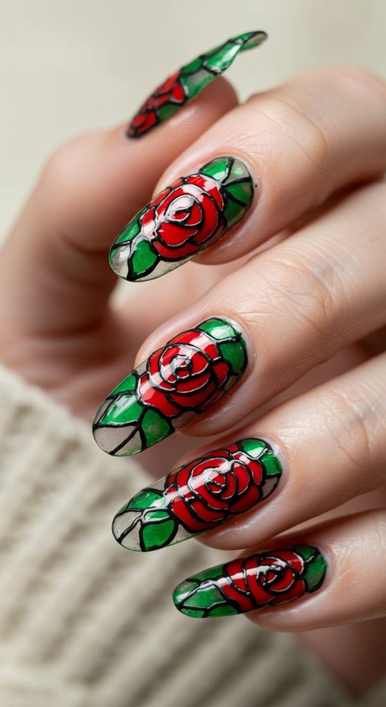 دیزاین ناخن طرح ویترای طرح گل قرمز