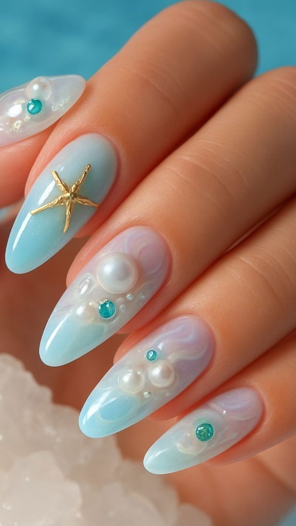 دیزاین ناخن ابی با طرح ستاره دریایی