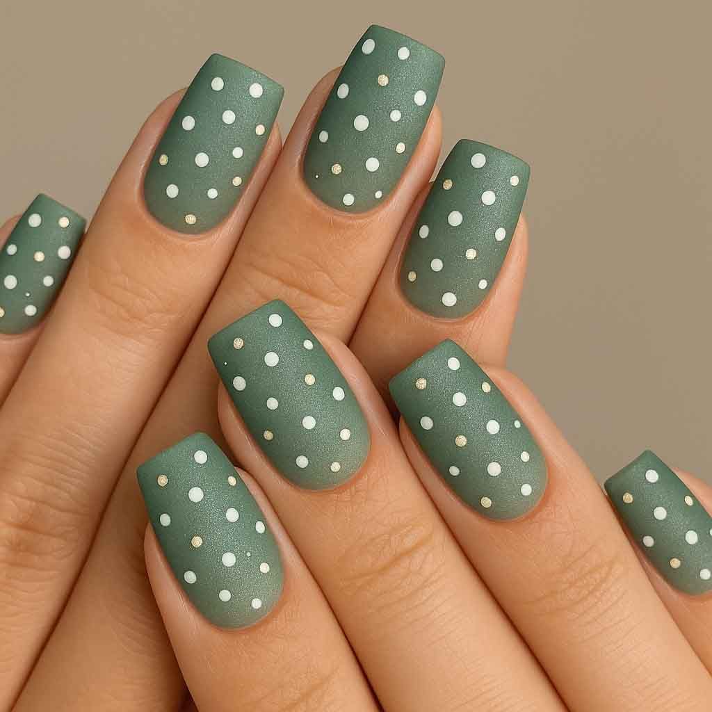 طراحی ناخن مات سبز با خال خالی سفید