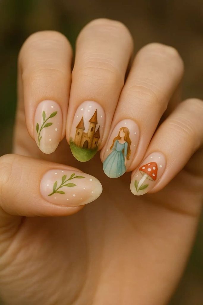 دیزاین فانتزی ناخن با طرح قارچ و دختر با لباس ابی و قصر