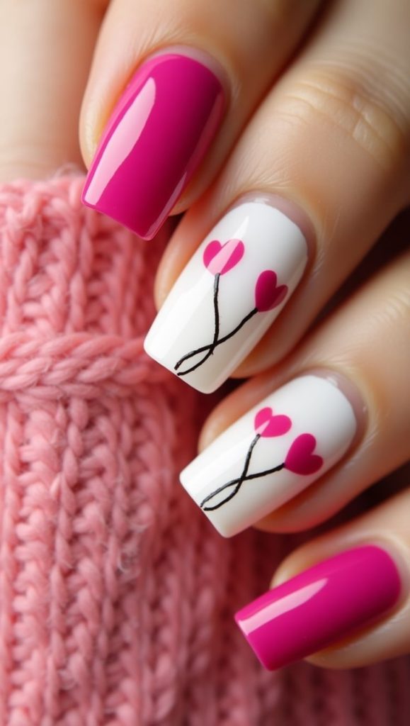 طرح قلبی دوتای ناخن صورتی روی لاک سفید