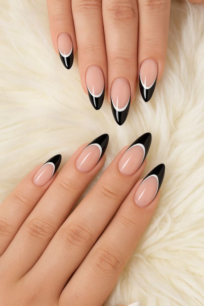 طرح ناخن مینیمال صورتی با فرنچ سیاه