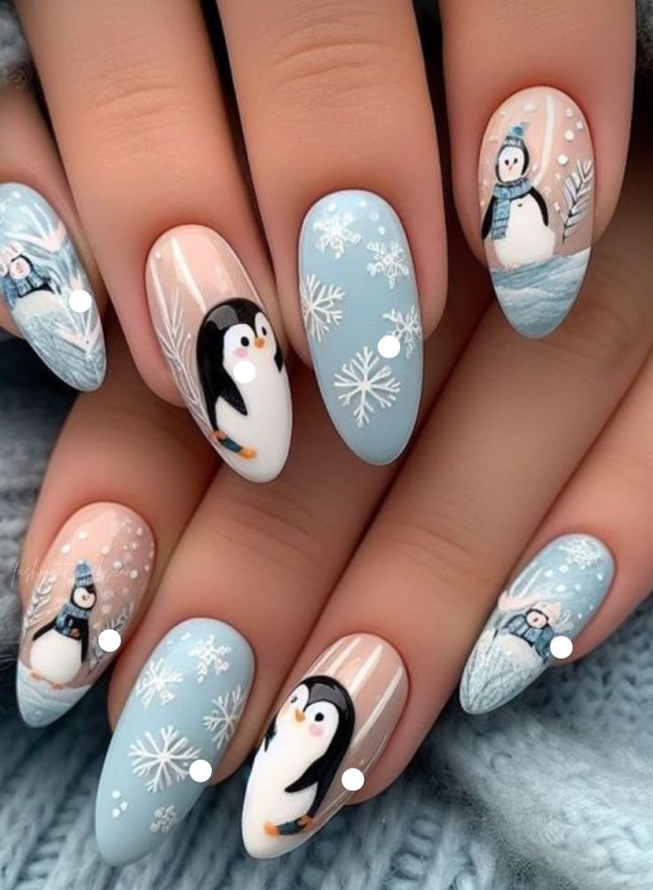 دیزاین فانتزی ناخن طرح پنگوئن و ادم برفی