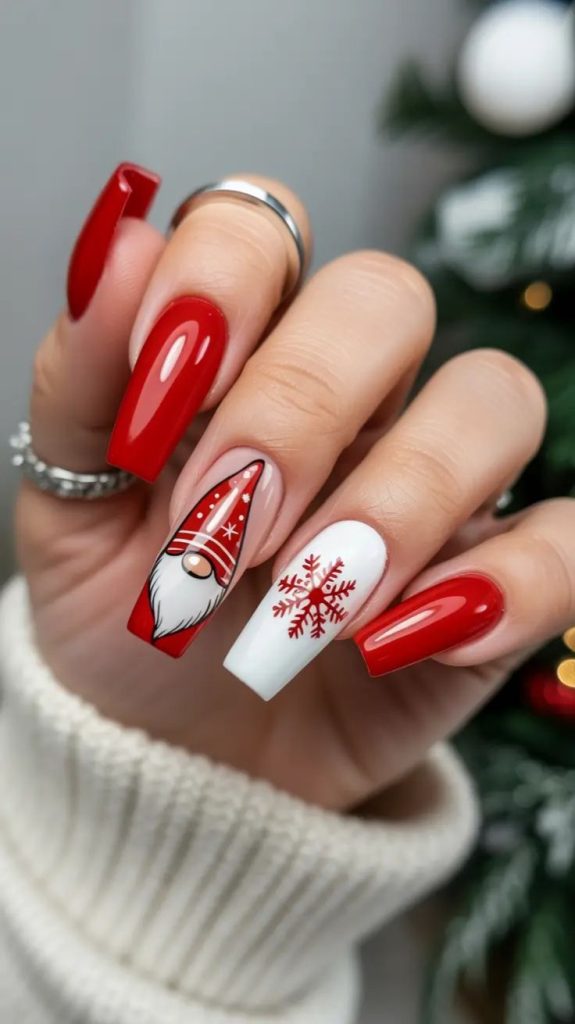 دیزاین ناخن قرمز و سفید طرح بابانویل