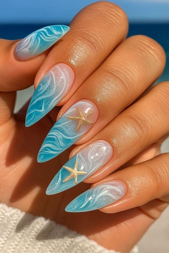 دیزاین ناخن ابی با طرح ستاره دریایی