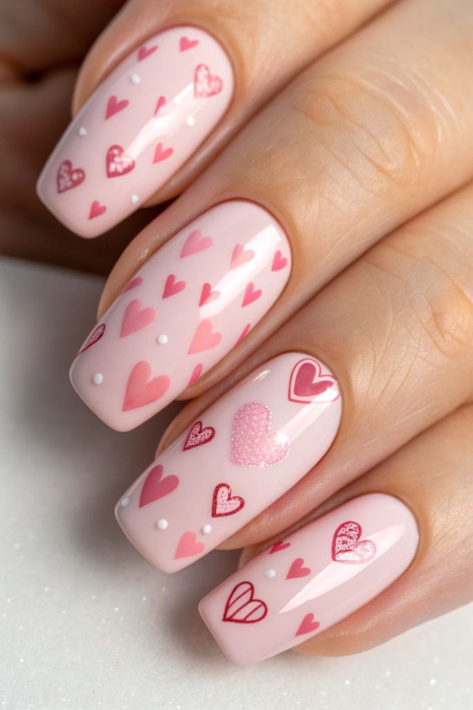 طرح قلبی چندتایی ناخن صورتو و قرمز روی لاک صورتی کمرنگ