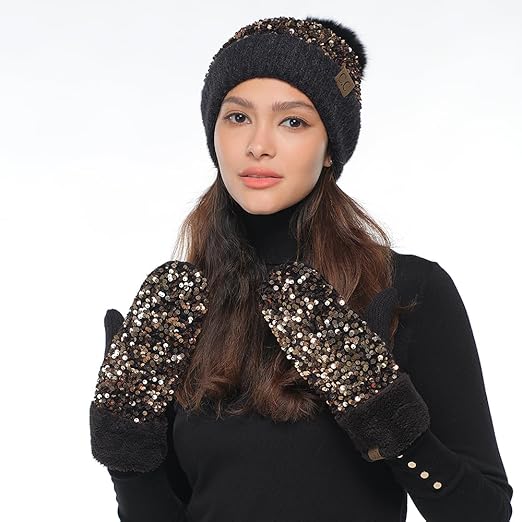 دستکش بافت پولکی سیاه و نقره ای