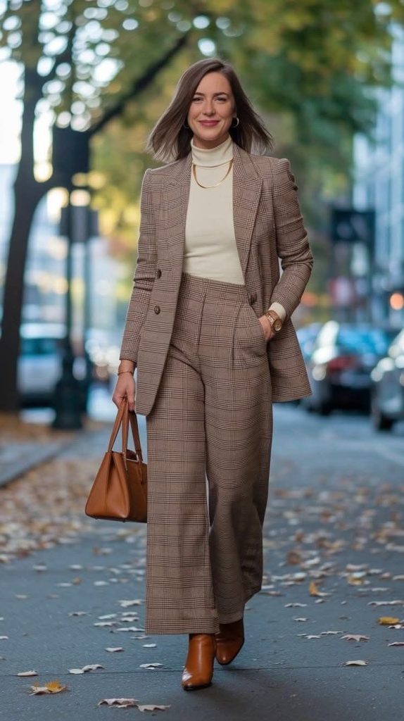زن میانسال جذاب با کت و شلوار قهوه ای چهارخونه