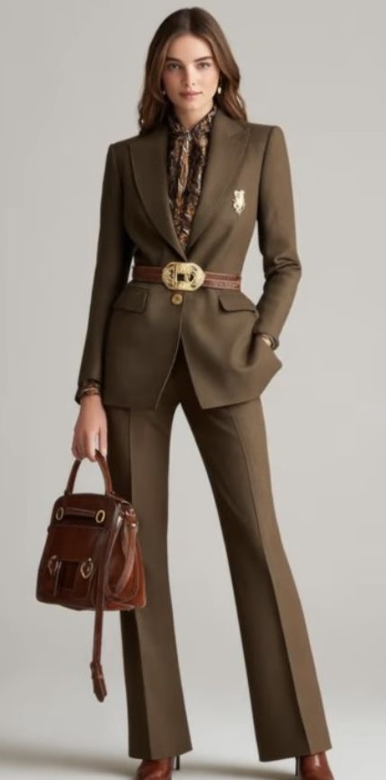 خانم با با کت و شلوار قهوه ای