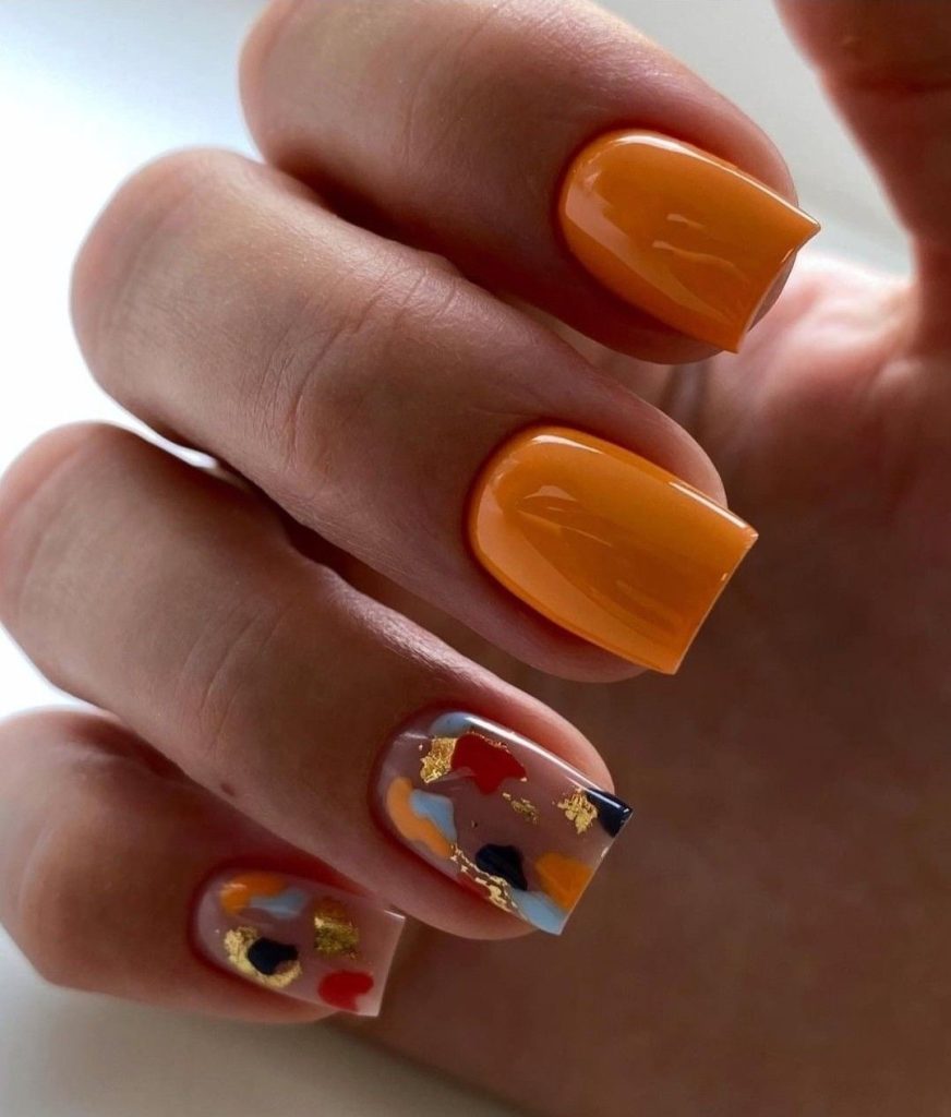 ناخن مربع کوتاه نارنجی ساده