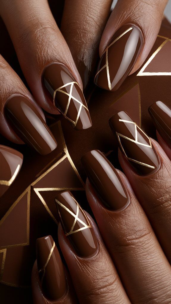 دیزاین ناخن قهوه‌ای با خطوط طلایی