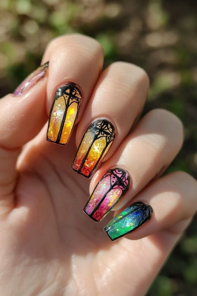 دیزاین ناخن طرح ویترای پنجره های رنگی