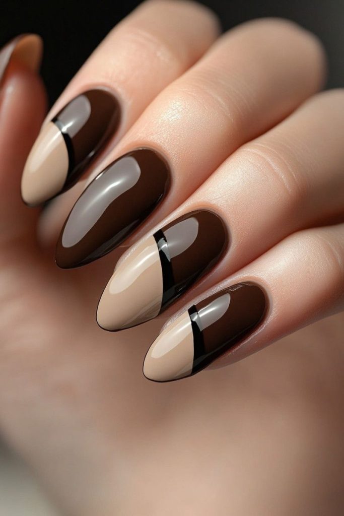 دیزاین ناخن قهوه‌ای و صورتی