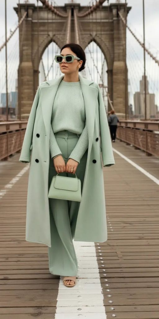 خانم با عینک با کت و شلوار سبز روشن
