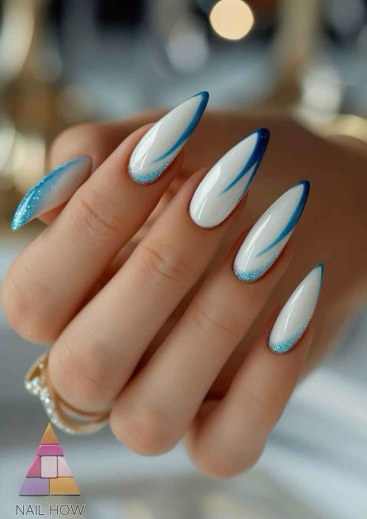 فرنچ ناخن آبی روشن و سفید