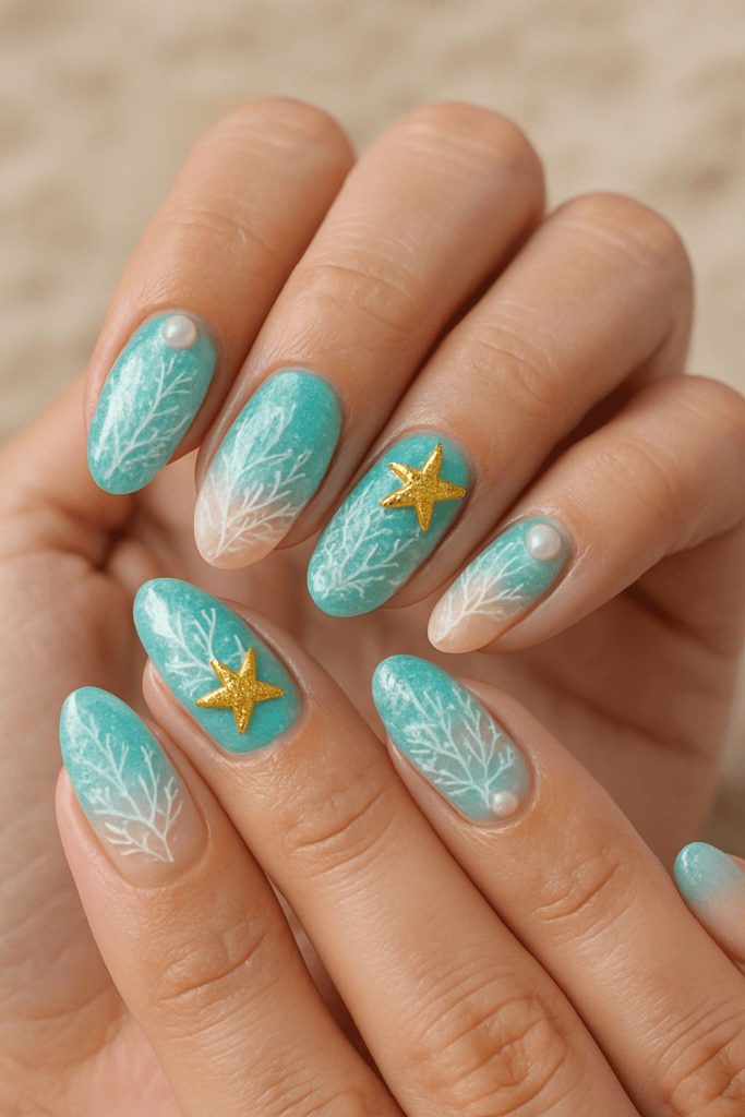 دیزاین ناخن ابی روشن با طرح ستاره دریایی