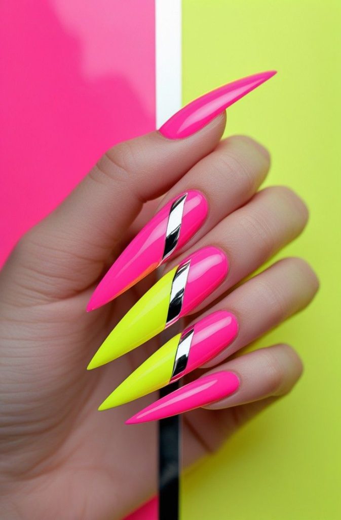 ناخن بلند صورتی و سبز