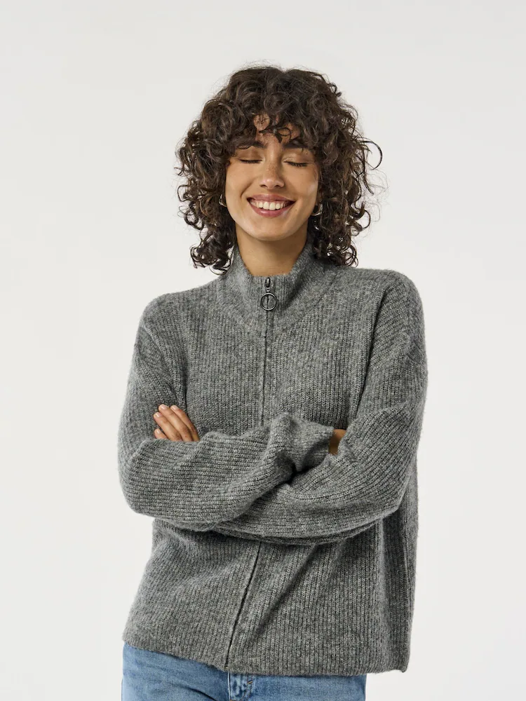 کت بافتی یقه‌بلند زنانه خاکستری