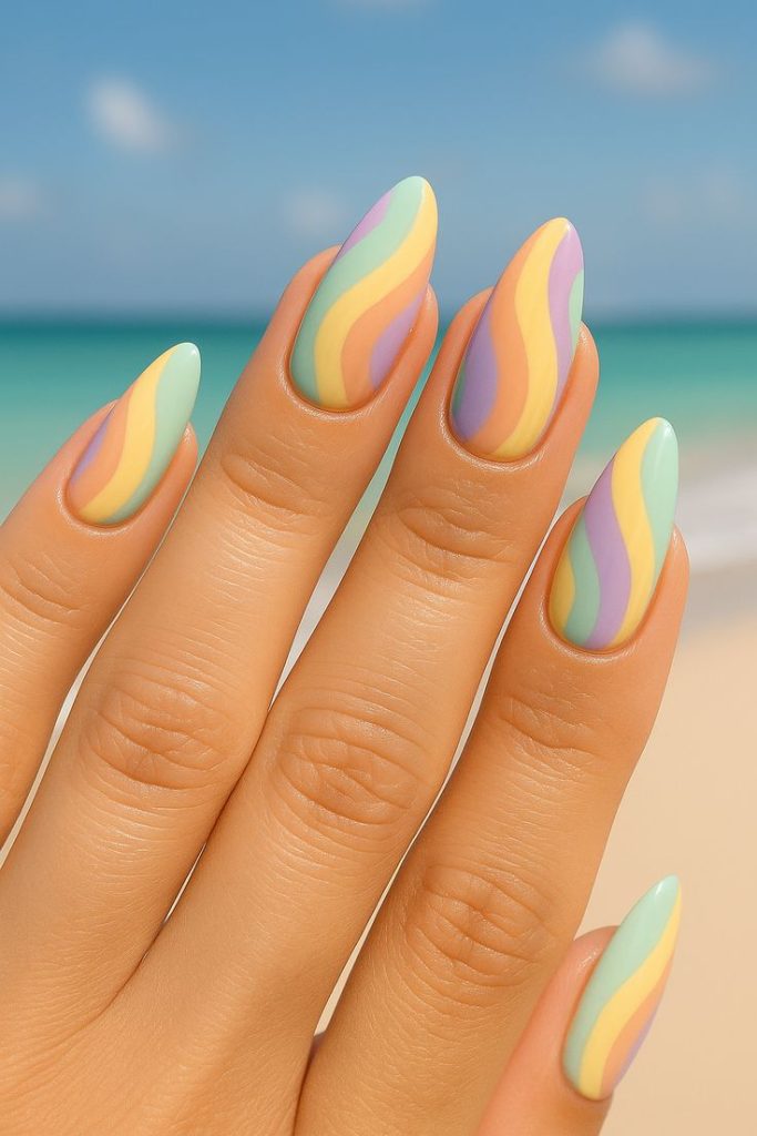 ناخن بادامی پاستلی رنگارنگ