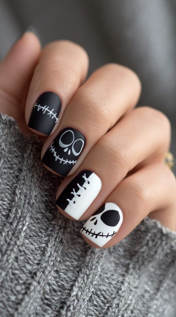 دیزاین ناخن کوتاه سیاه و سفید طرح اسکلت
