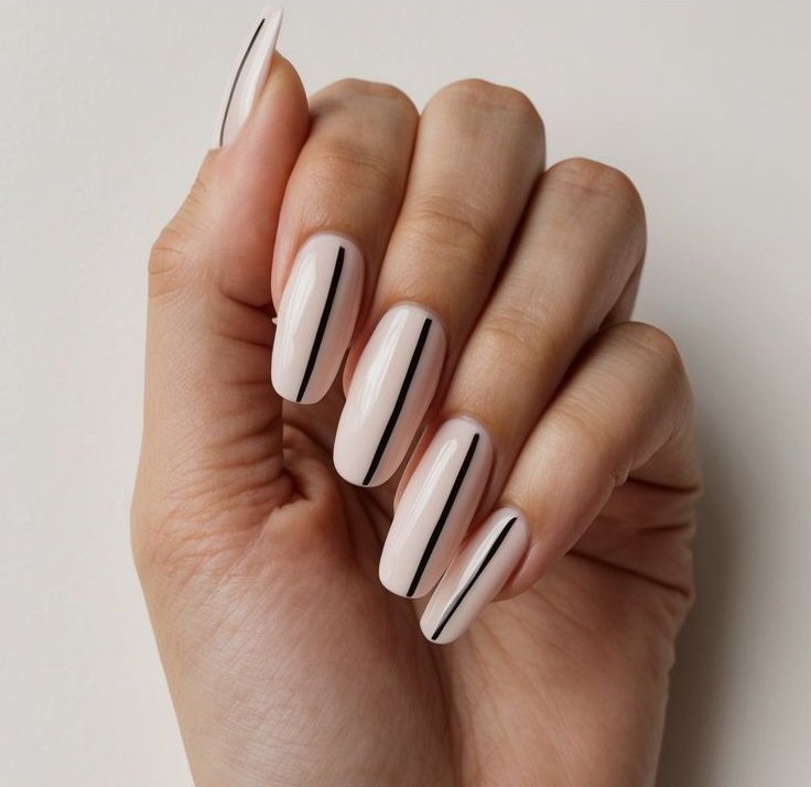 طرح ناخن مینیمال صورتی با خط عمودی سیاه