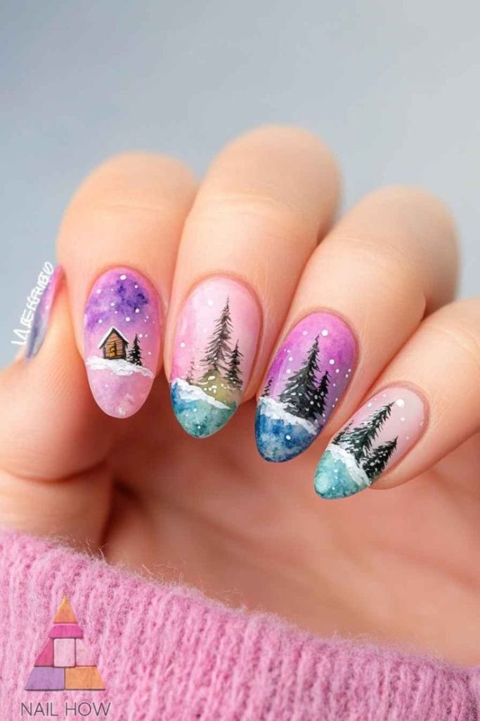 نقاشی درخت روی ناخن صورتی