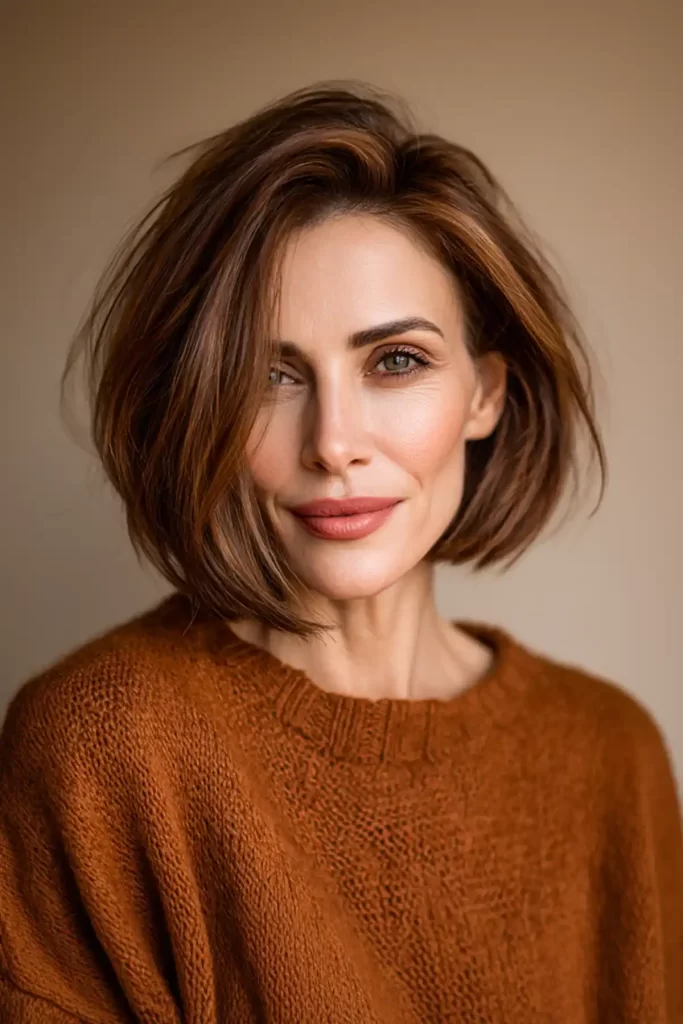 خانم میانسال با موهای قهوه ای با مدل موی زنانه باب