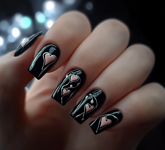 طرح قلب روی لاک ناخن مشکی