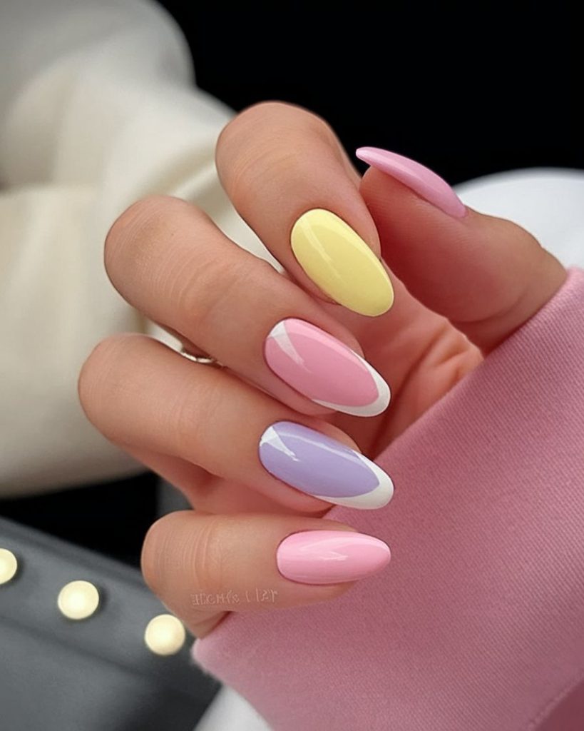 ناخن بادامی پاستلی رنگارنگ