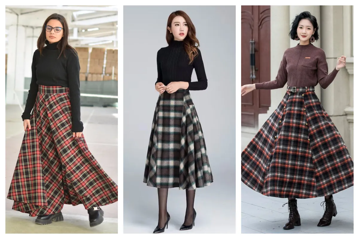 استایل پاییزی با دامن چهارخونه؛ مدلی که کنار بوت و پلیور یه تیپ فوقالعاده شیک میسازه!