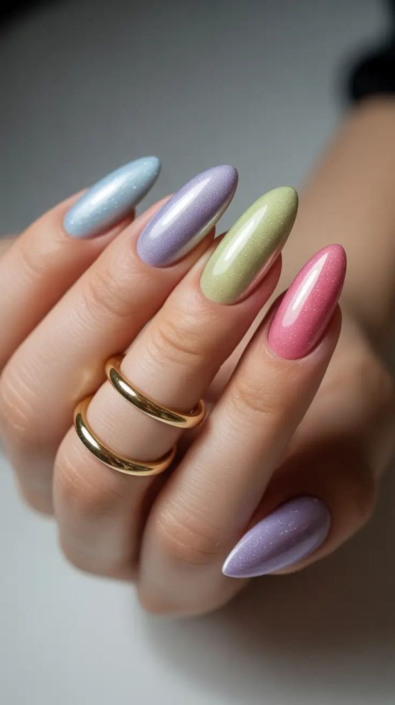 ناخن بادامی پاستلی رنگارنگ