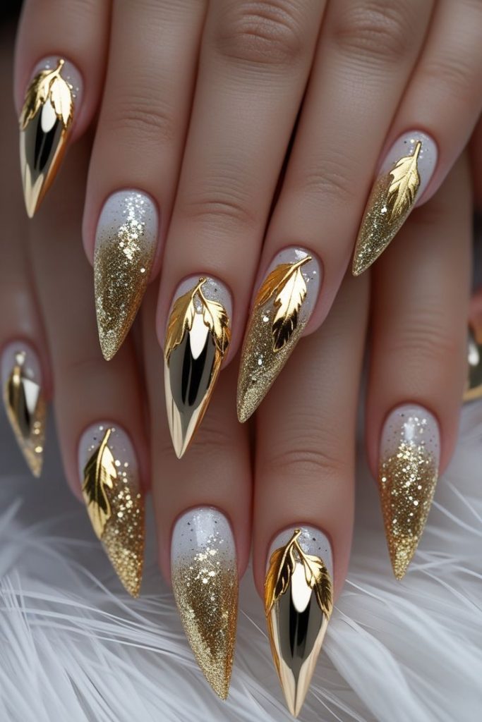 دیزاین ناخن با کروم طلایی با طرح برگ درخت