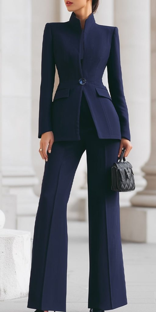 زن با کت و شلوار ابی تیره