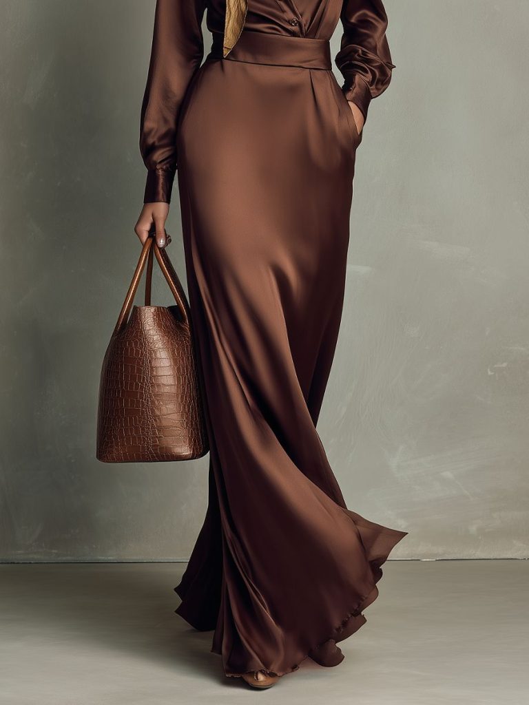 استایل پاییزی با دامن ساتن قهوه ای