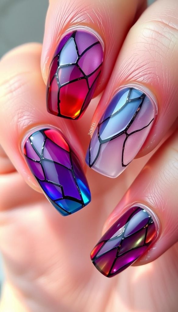 دیزاین ناخن طرح ویترای رنگارنگ