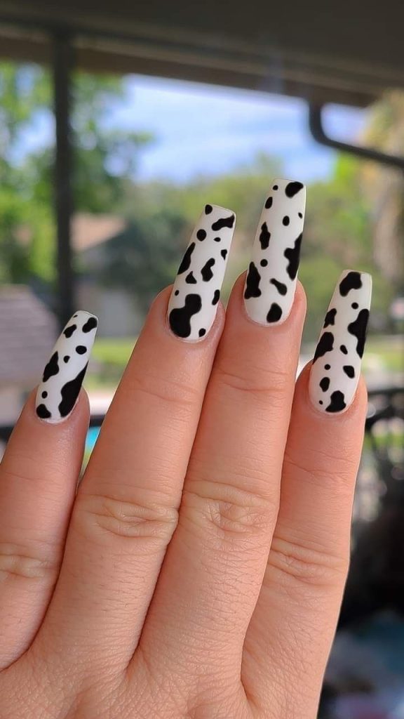 دیزاین ناخن با پترن گاوی سیاه و سفید