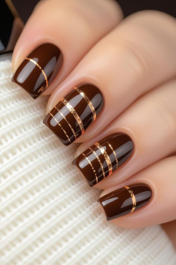 دیزاین ناخن قهوه‌ای با خطوط طلایی