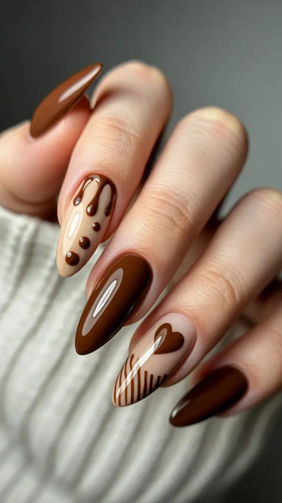 دیزاین ناخن قهوه‌ای با طرح قلب