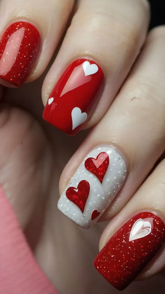 طرح قلبی ناخن قرمز و سفید