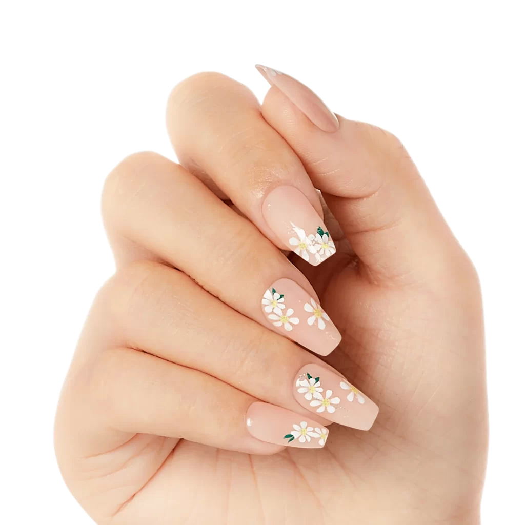 ناخن فانتزی کیوت صورتی با طرح گل سفید