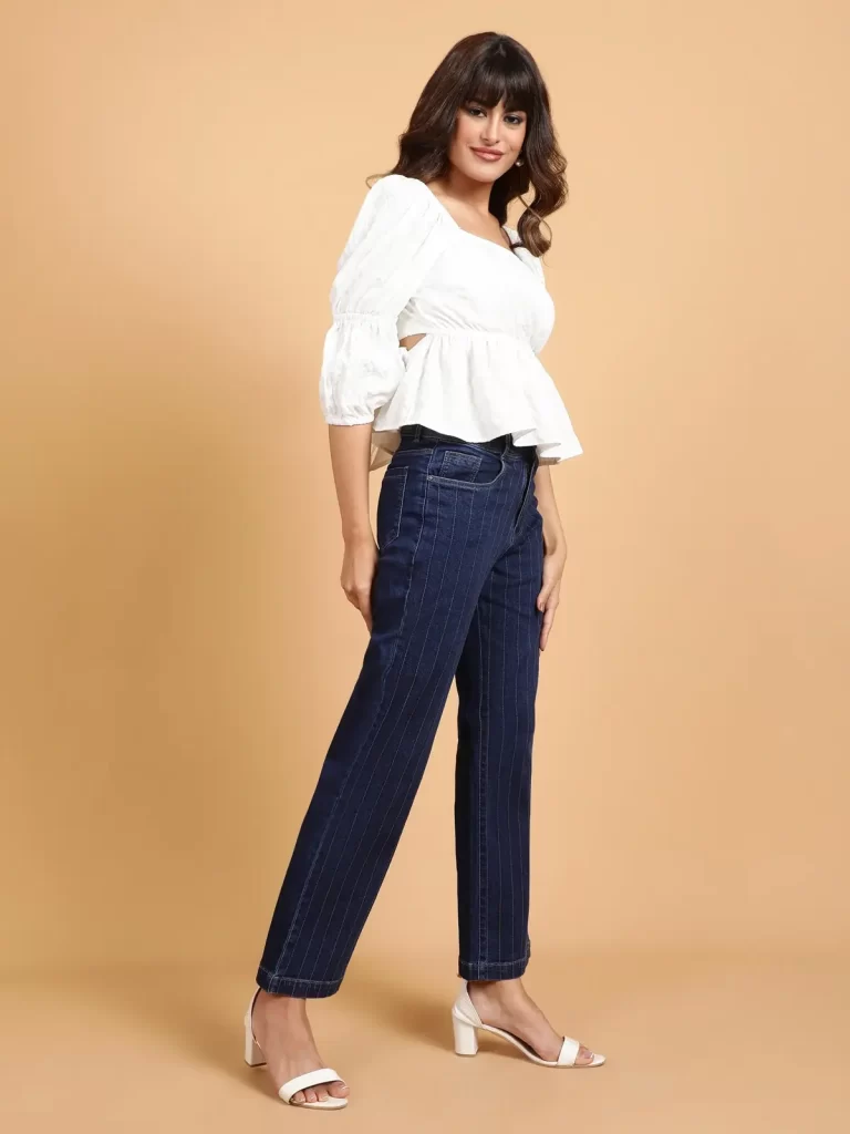 شلوار جین تیره ابی راه راه سفید