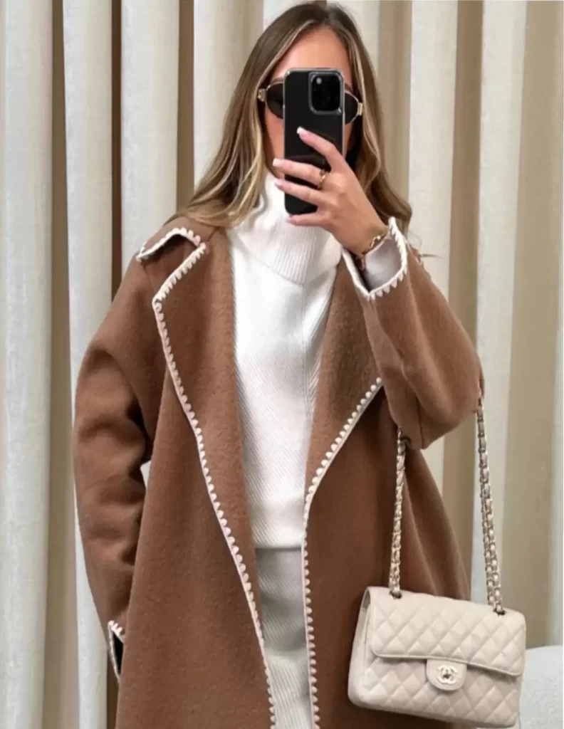 کت بافتی فلانل حاشیه‌دوز زنانه قهوه ای