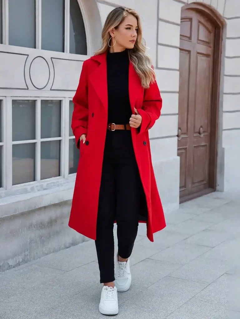 زن بسیار خوشگل با کت قرمز و پیراهن و شلوار سیاه
