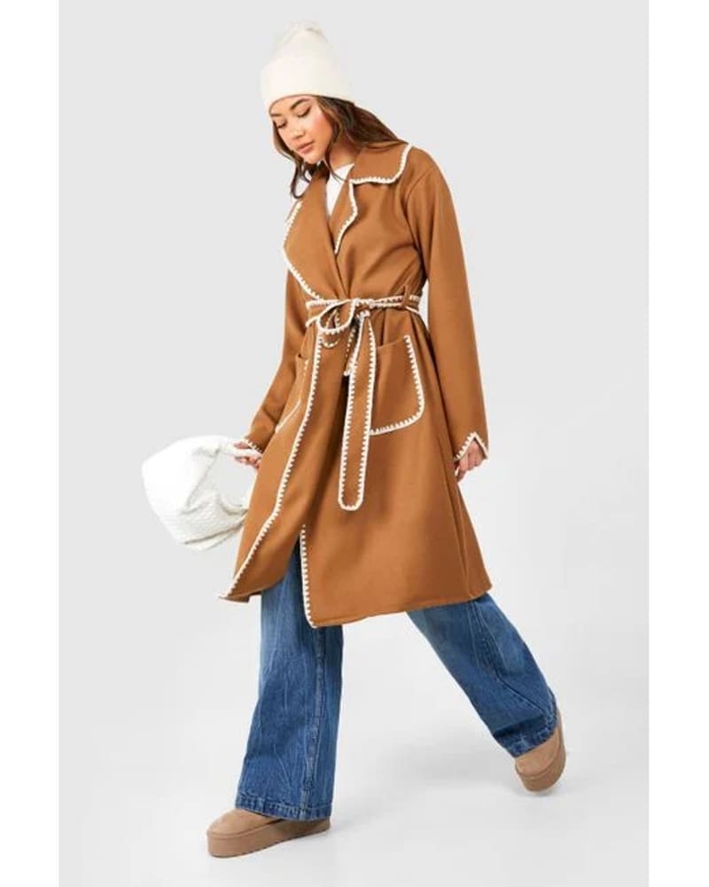 کت بافتی فلانل حاشیه‌دوز زنانه خردلی تیره