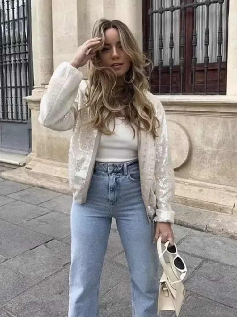 کت پولکی براق زنانه سفید کرم